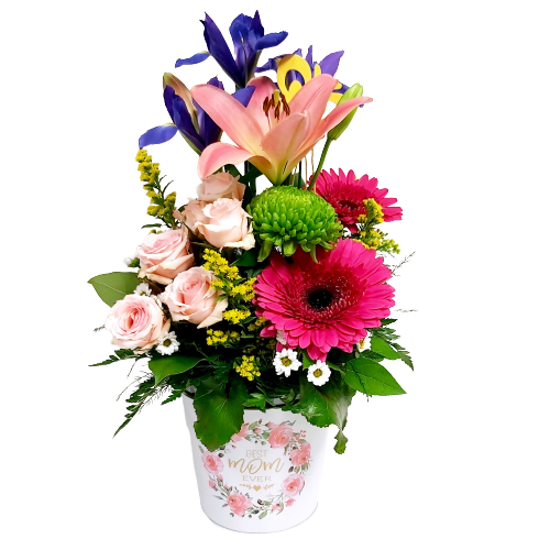 Mother's Day Floral Arrangement beautifully arranged in our Best Mom Ever tin.