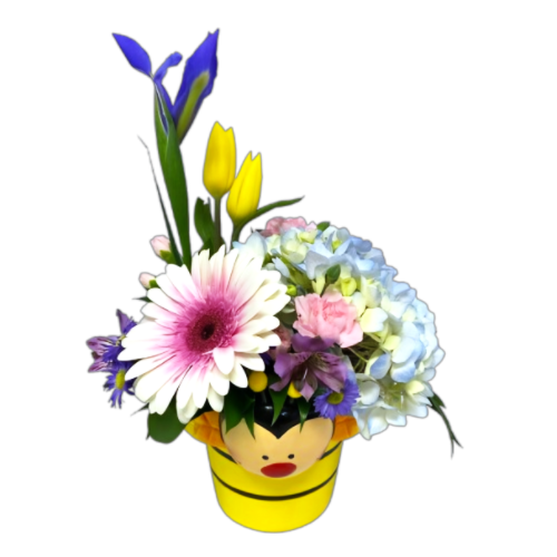 A spring floral arrangement nestled in a playful bumble bee pot.