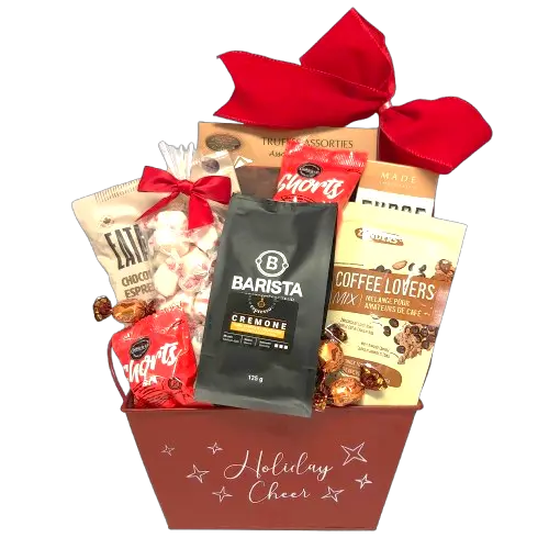 A festive gift basket with truffles, cookies, candies and coffee-flavoured treats, along with some smooth coffee to enjoy.
