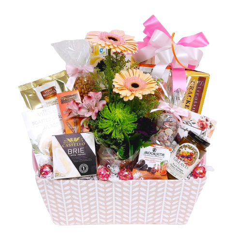 Gift Basket with flowers, cheese, jam, candy and chocolate.