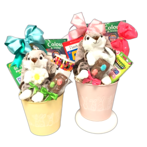 Easter gift basket filled with activity book, sweet treats and plush animal.