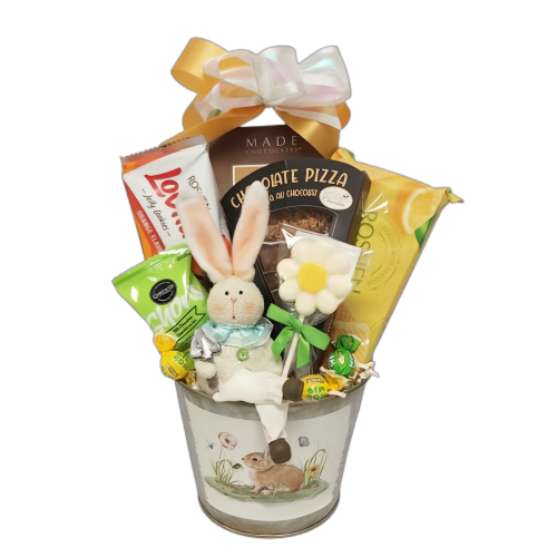 An Easter bunny ornament with chocolate pizza, assorted cookies, wafers and candies in a tin.