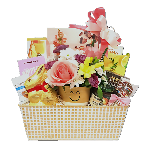Beautifully arranged inside this pretty gold and white tin is a pretty flower arrangement to enjoy along with all the delicious Easter treats. There's cookies, crackers, cheese, nuts and more!