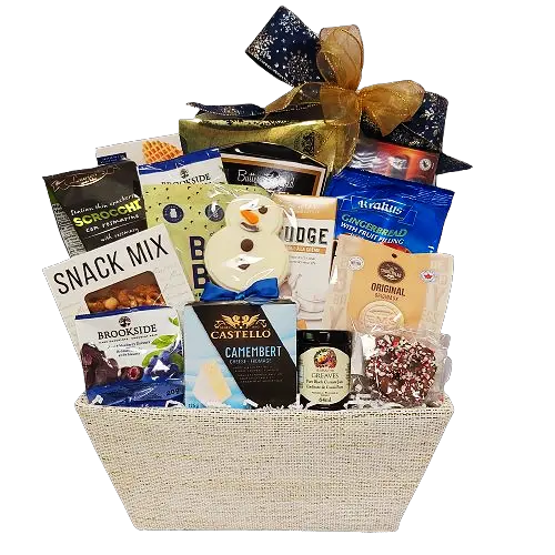 Let the festivities begin with this gift basket overflowing with treats for everyone to enjoy. There's crackers, cheese, cookies, chocolate, snack mix and much more!