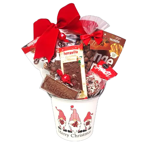 A festive gift basket with chocolate-covered pretzels, chocolate-covered gummy bears, peppermint sprinkled chocolate, chocolate bars and more.