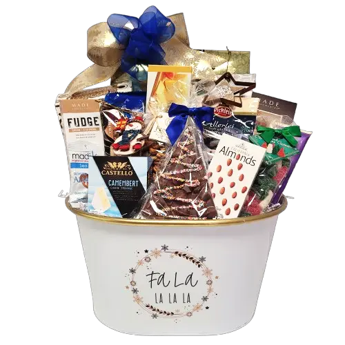 Filled with scrumptious delights to delight everyone. This gift basket is loaded with loads of holiday sweet and salty treats along with crackers and cheese and festive ornaments to make it complete! 