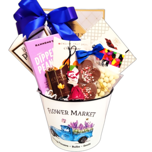 Mother's Day Gift Basket in Flower Market tin with sweet treats.