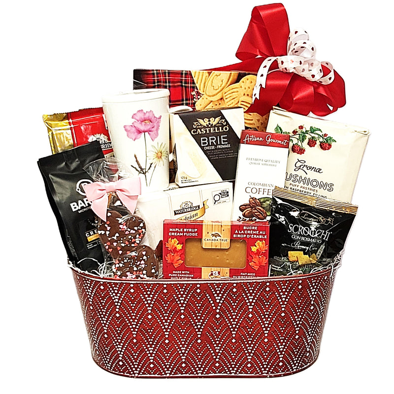 Red tin with white dot design filled with assorted coffee, fudge, truffles, cookies, crackers, cheese and a beautifully designed mug.