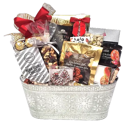 Send some cheer to the whole gang! They'll enjoy all the indulgences nestled in this wintery snowflake gift basket. There's truffles, nuts, shortbread, cookies, trail mix, salmon bites, gourmet delights and more.