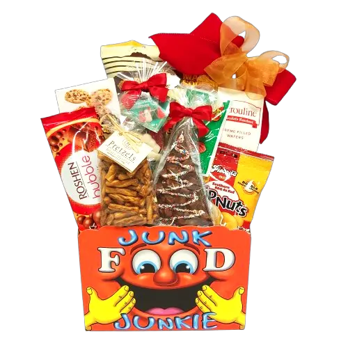 This one's sure to satisfy the Christmas snack cravings! This fun designer gift box is filled with tons of sweet & salty treats. There's pretzels, nuts, chocolates, cookies, candies and popcorn too!