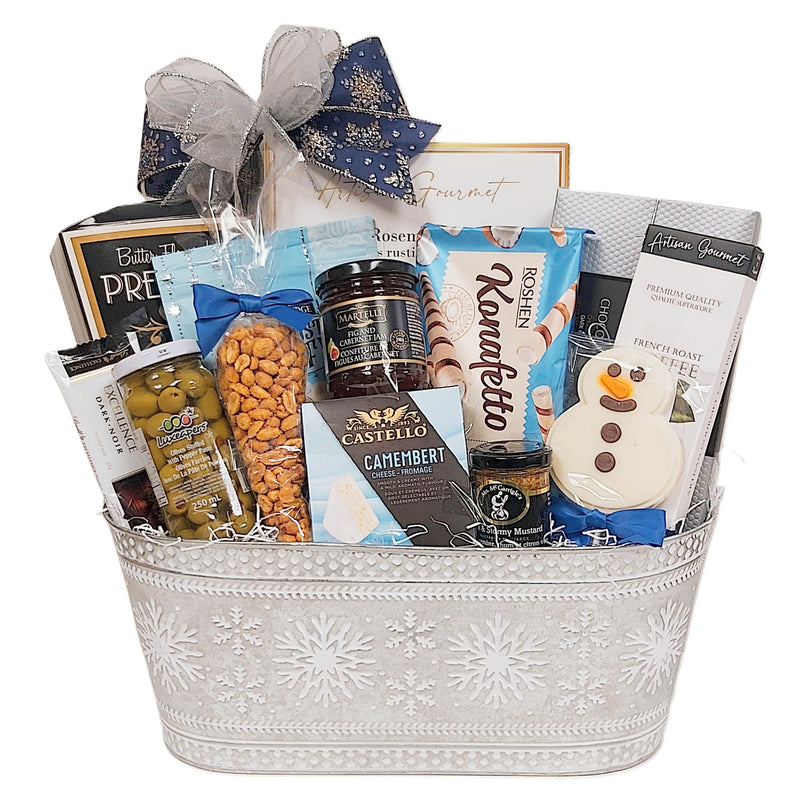 Our embossed snowflake tin is brimming with delicious gourmet delights for the whole gang to enjoy. Sweet and savoury treats galore!