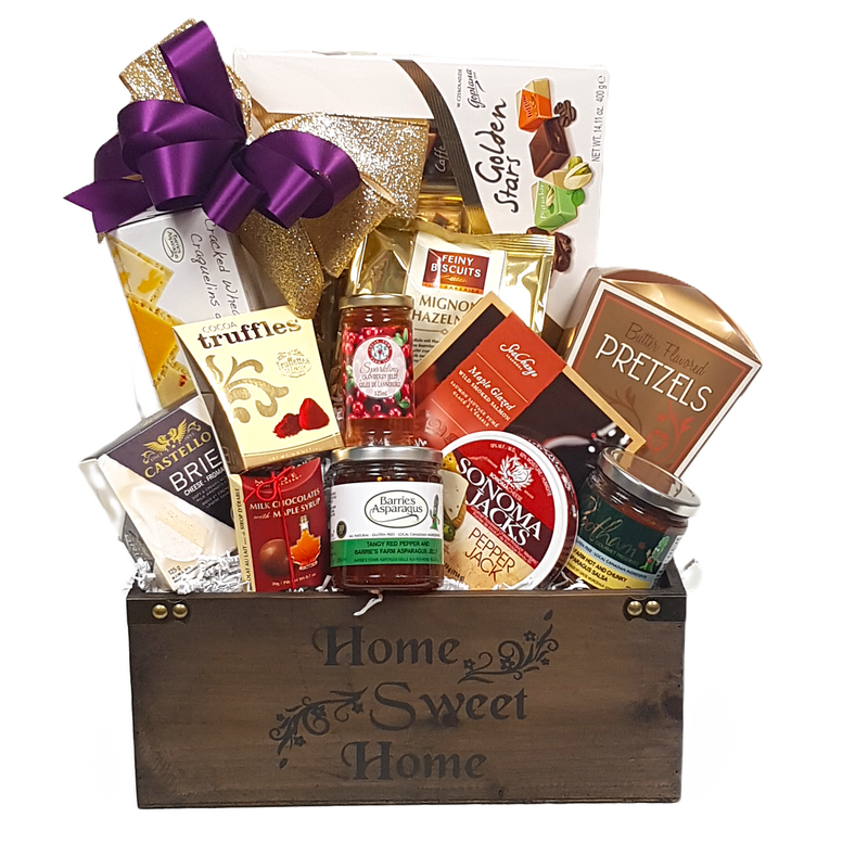 A "Home Sweet Home" wooden box with cheese, crackers, red pepper jelly, smoked salmon, cookies, chocolates, salsa and lots more.