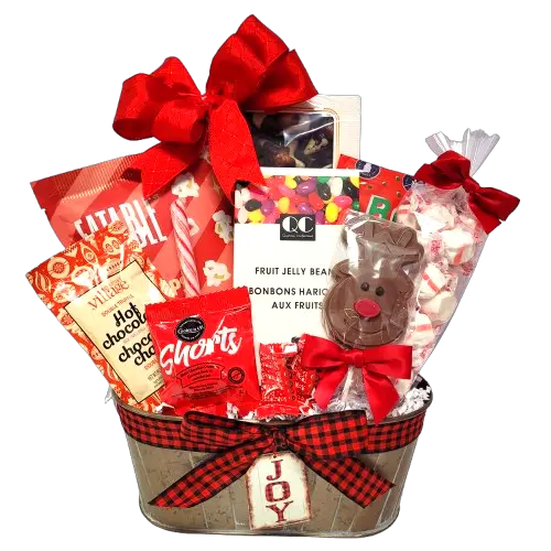 Our Joy tin is brimming with a wonderful assortment of delectable munchies. There's Eatable popcorn, BonBon gummies, cookies, chocolates, candies and some hot chocolate to warm up with.
