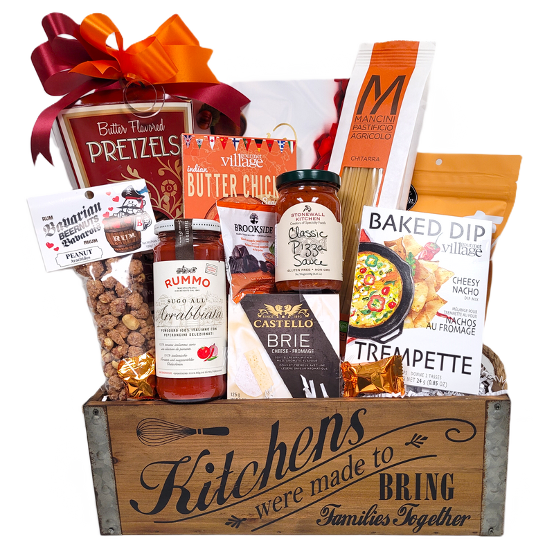 A beautiful kitchen crate loaded with all things tasty that will bring the family together for some delicious meals and treats. There's pasta and pasta sauce, dip mix and gourmet spice mixes, cheese and crackers, pizza sauce and lots of sweet treats to savour!