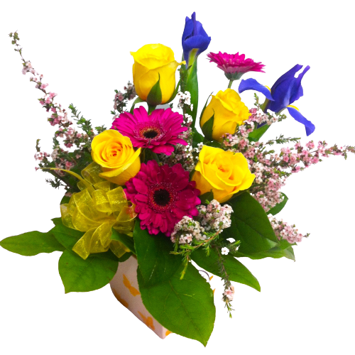 Bright & cheerful flower arrangement in hues of pinks, yellow and purple.