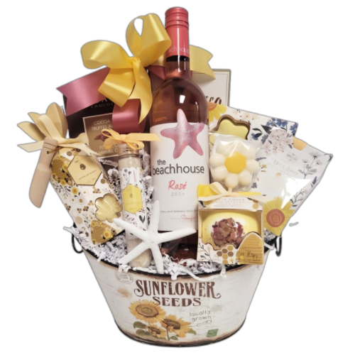 Mother's Day Gift Basket filled with sweet treats, bath and shower indulgences and wine.