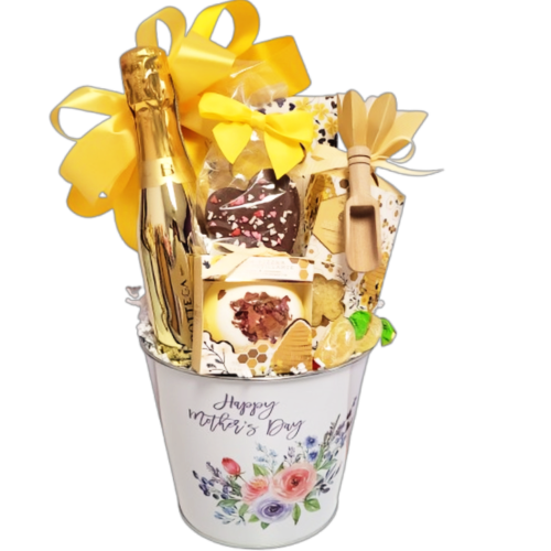 Happy Mother's Day tin filled with spa indulgences, sparkling wine and chocolate.