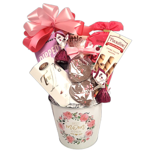 Mother's Day gift basket with  truffles, brittle, nuts, candy and biscuits