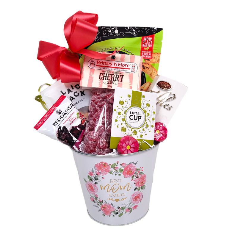 Best Mom Ever gift basket filled with treats and tea.