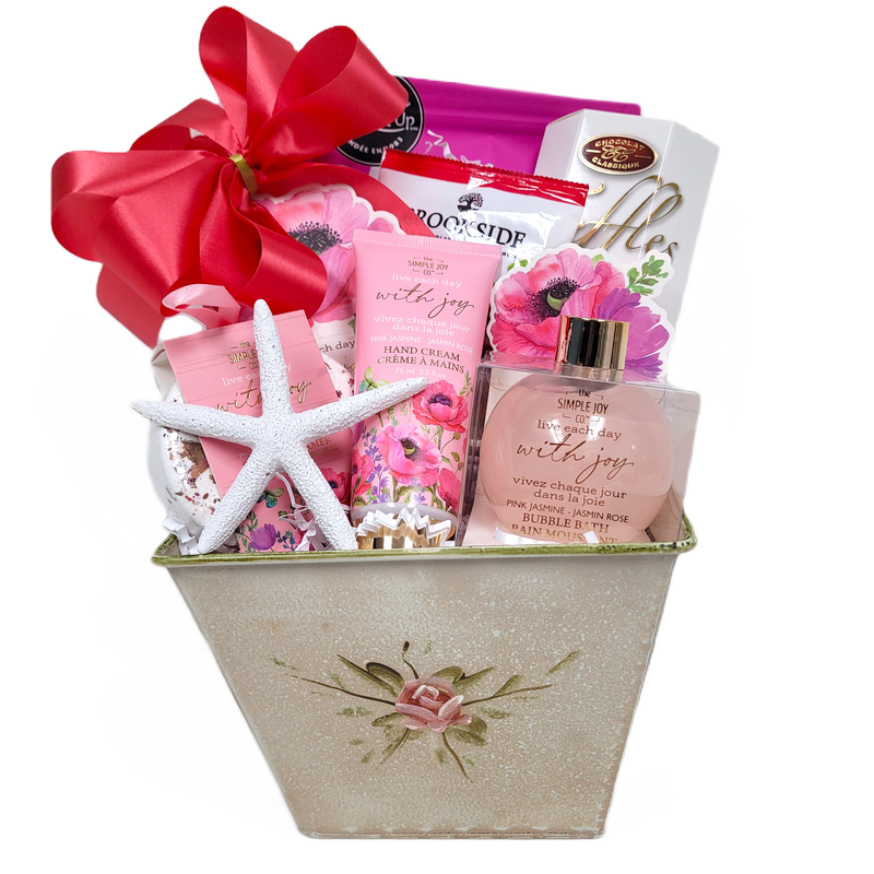 Mother's Day rose tin filled with sweet treats and spa pampering delights.