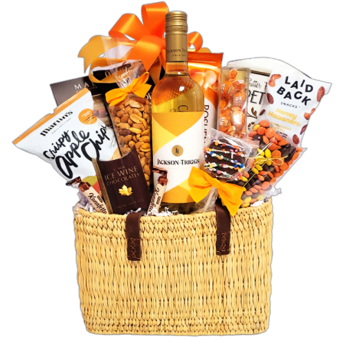 Mother's Day gift basket filled with wine, chocolates, nuts, cookies and treats.