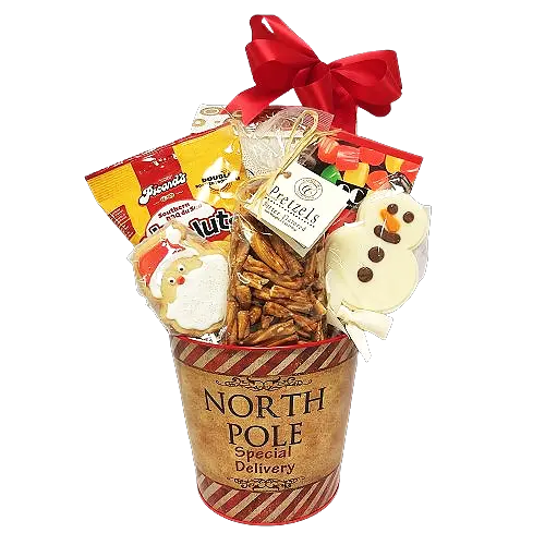 Direct from the North Pole, this festive container holds lots of munchies to enjoy over the holidays. There's cookies and chocolate, nuts and pretzels, candy treats and more!