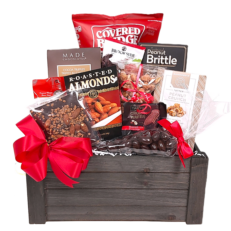 Wood crate with chocolate treats, a variety of nuts, chips, wafers and more!
