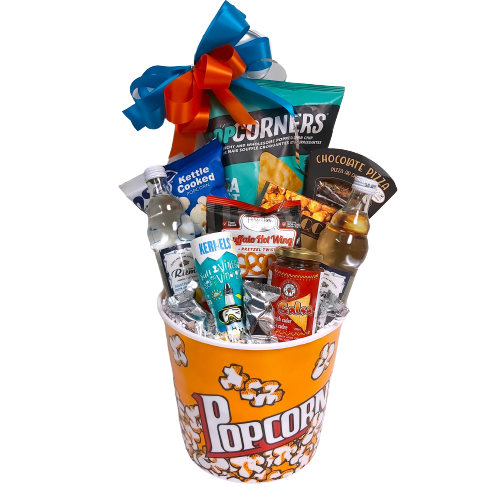 Let Dad celebrate Father's Day with a popcorn container filled with snacks to enjoy all day long! There's popcorn, chips, caramel corn, chocolate pizza, pretzels, salsa, popcorn seasoning and some sparkling water too to quench his thirst!