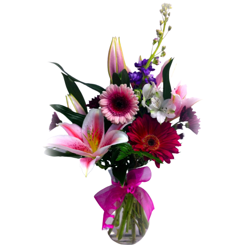 Whether it's your Mom, a friend or neighbour, make her day special with a beautiful soft arrangement of pink and lavender blooms. 