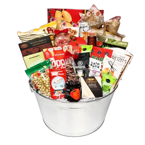 There's so many scrumptious treats in this large silver tub gift basket, Rudolph might just drop in for the party! There's shortbread, luxe assorted truffles, hot chocolate, crackers, cheese, artisanal salami, nuts, chips, cheese toppers, pretzels, sweet candy and coffee too! A fabulous Christmas gift basket for all to enjoy!