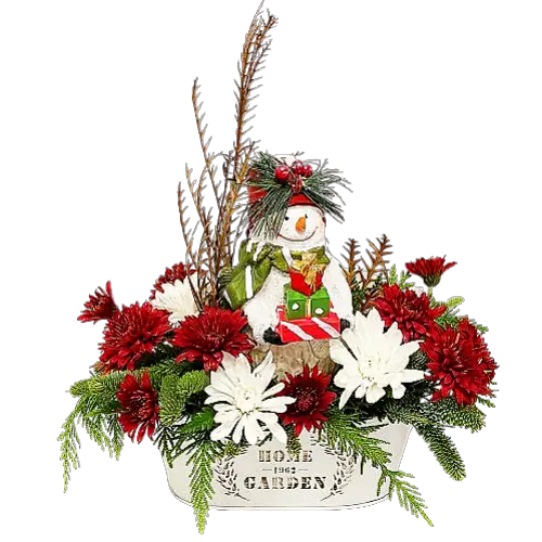 Our festive snowman is delivering a beautiful arrangement to celebrate the holidays. A festive arrangement to brighten the holiday decor!