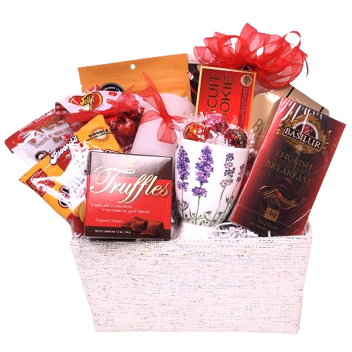 Take a moment to send your special thoughts with this pretty basket filled with a beautiful mug to keep, some tea to take a moment with and some delightful sweet and salty snacks of biscuits, nuts, chocolate and more.  