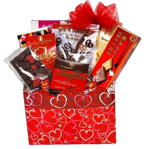 A box of hearts with truffles, fudge, pretzels, biscuits and more.