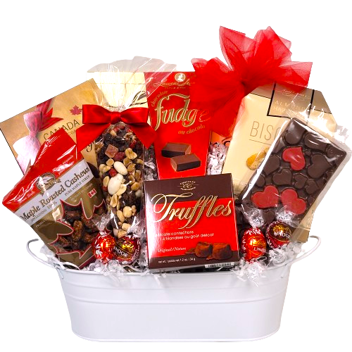 A Valentine's gift basket with chocolates, cashews, biscotti, trail mix and more!