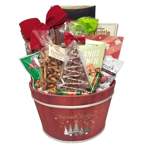 Send your warmest wishes with this beautiful wooden gift basket. There's so much to indulge in. There's a chocolate Christmas tree, jelly beans, pretzels, brittle shortbread, nuts and lots more. There's something for everyone to enjoy!