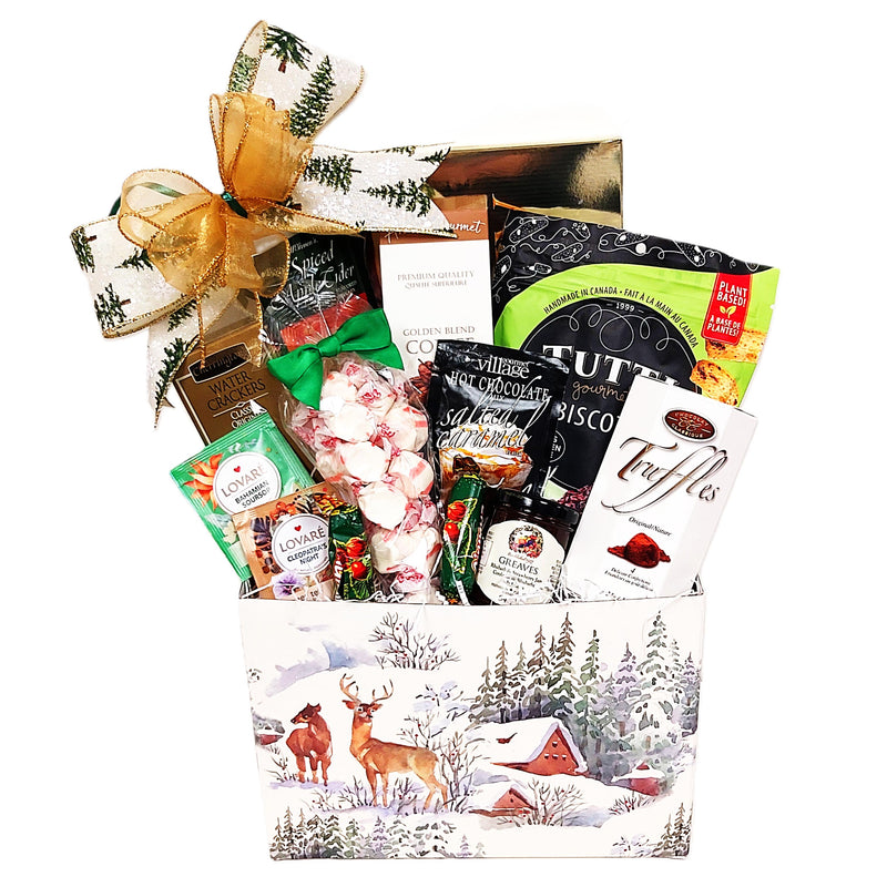 A specially designed holiday box filled with coffee, tea, hot chocolate, hot apple cider mix, cookies, truffles, sweet treats, crackers and jam.