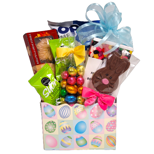 Our cute Easter decorated box is filled with lots of yummy treats. There's a chocolate lolly, yummy chocolate easter eggs, jelly beans, shortbread and more.&nbsp; A yummy treat for the young and young at heart! Sure to send Happy Easter wishes!