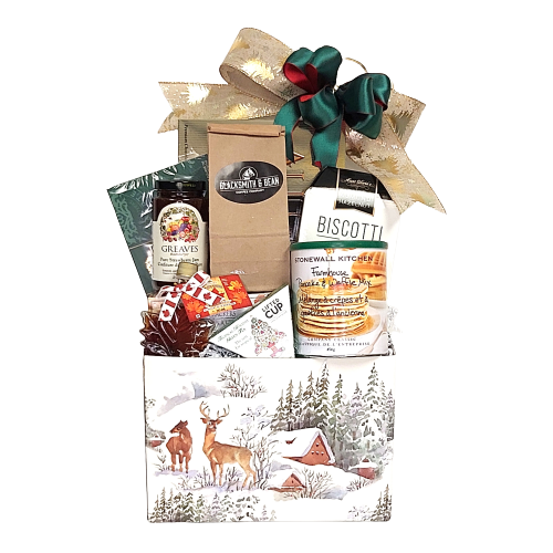 A delicious breakfast awaits on Christmas morning with this basket filled with all the fixings. There's coffee and tea, pancake mix, maple syrup and jam along with chocolate and cookies to enjoy.