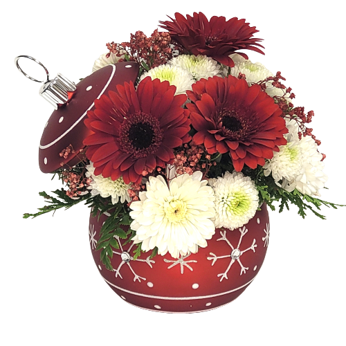 A large keepsake Christmas ornament filled with red & white florals.