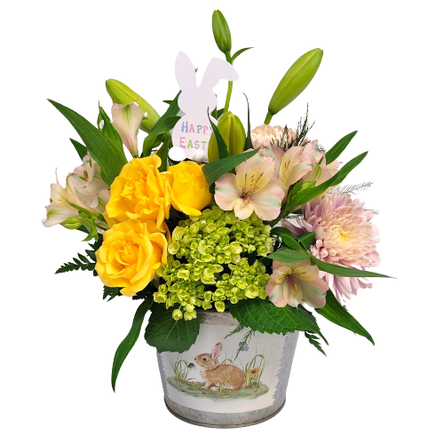A springtime bunny pot, soft pastels of roses, alstromeria, mums and hydrangeas.
