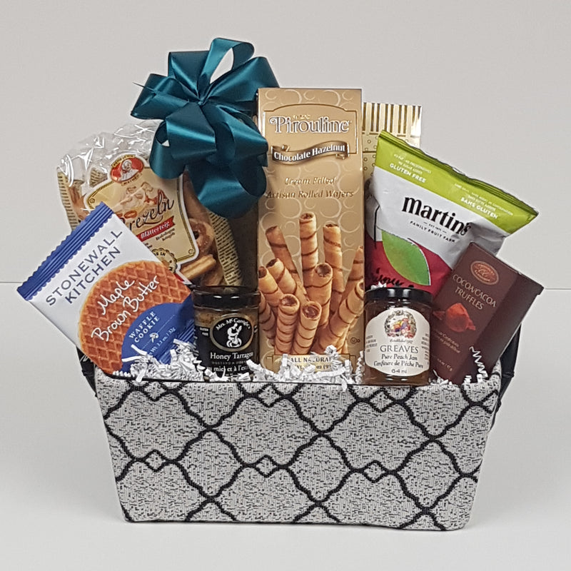 A basket of sweet, salty and gourmet treats.