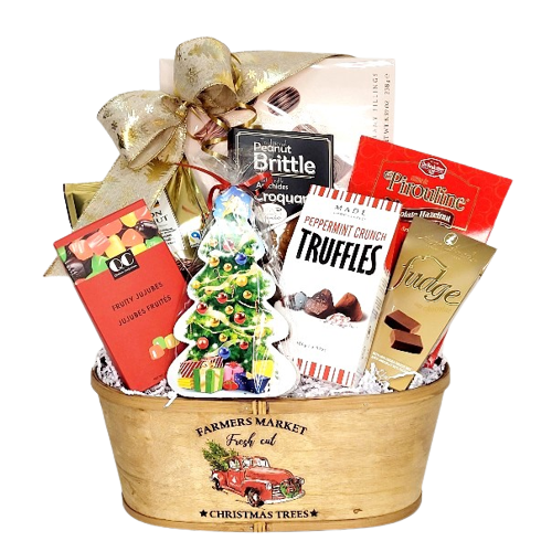 This classic Christmas basket is sure to be a joyous delivery. They'll indulge in Christmas sweets and treats galore and have a classic Christmas basket to keep.