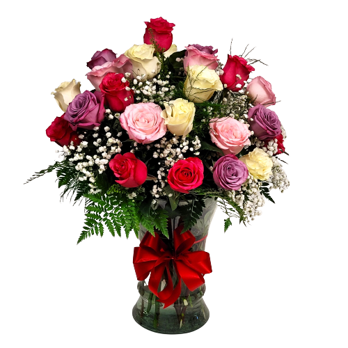Beautifully arranged in our classy vase are two dozen soft coloured roses to express your sentiments.