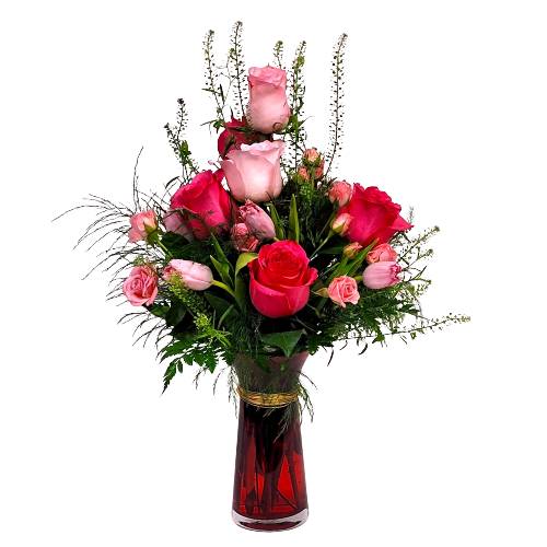 A bouquet of roses and tulips in a vase.