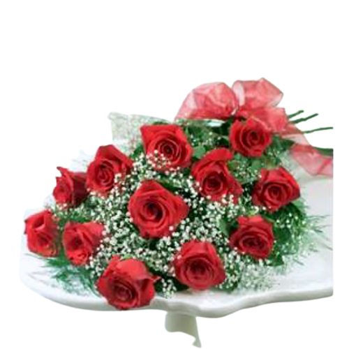 Presentation style floral bouquet of one dozen red roses.