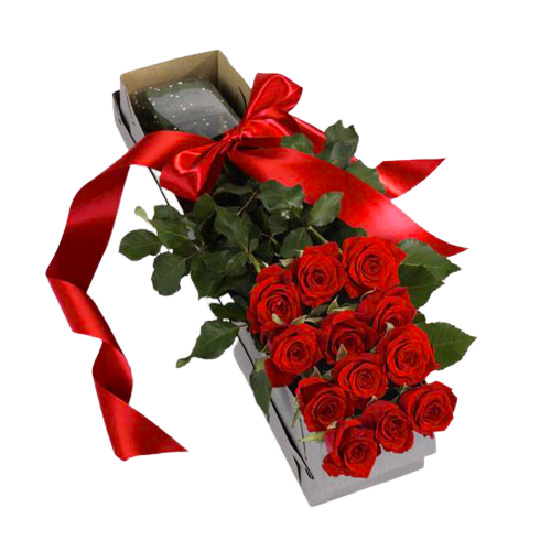 Boxed arrangement of one dozen long stem red roses.