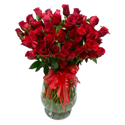 A beautiful arrangement of four dozen red roses.