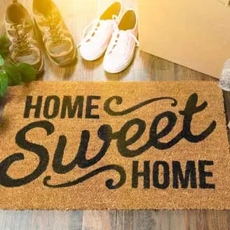 Welcome mat with moving boxes