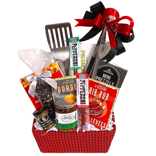 For the BBQing Dad! He'll enjoy a variety of snacks along with BBQ spices, mustard and gourmet relish. There's also a  BBQ utensil duo to up his grilling game.  Makes a great Father's Day gift!