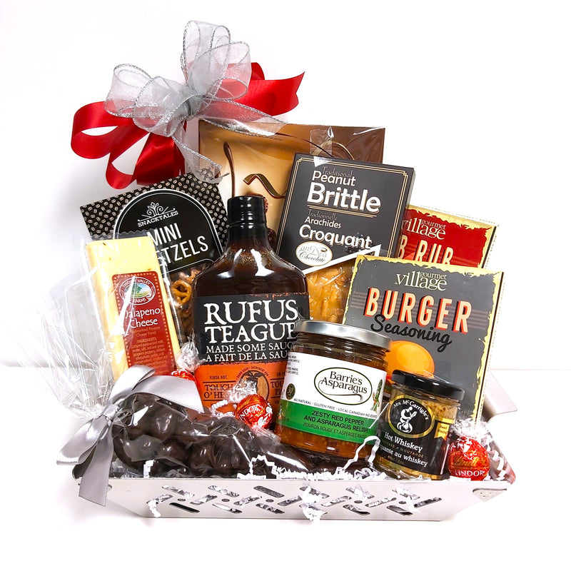 For the BBQing Dad! Nestled in our stainless steel grilling basket, Dad will find lots of treats and BBQ spices and sauces to enjoy and up his grilling game! There's sweet treats, cheese, grilling spices, BBQ sauce, mustard and more!&nbsp;